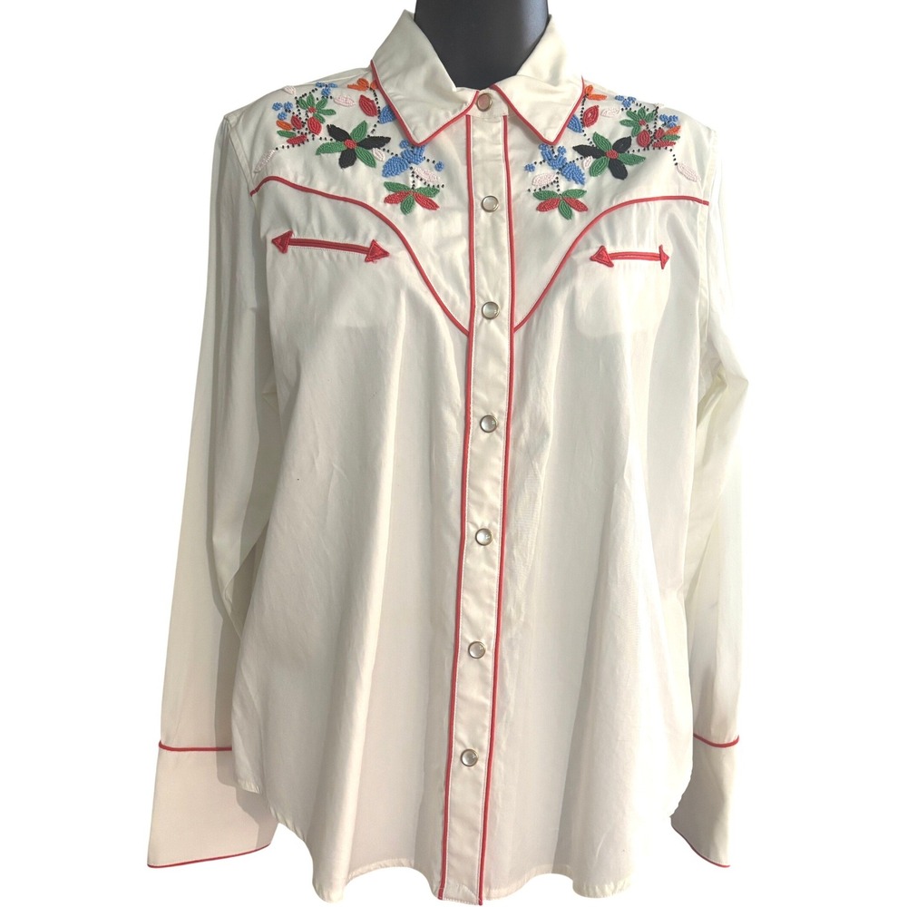 Lauren Ralph Lauren Western Shirt White Beaded Embroidered Pearl Snap Petite L - Picture 2 of 16